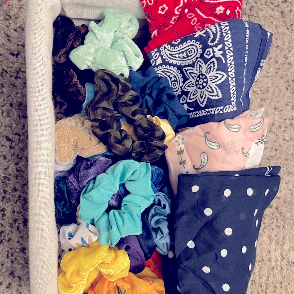 Beanies, 50 assorted scrunches, and bandanas